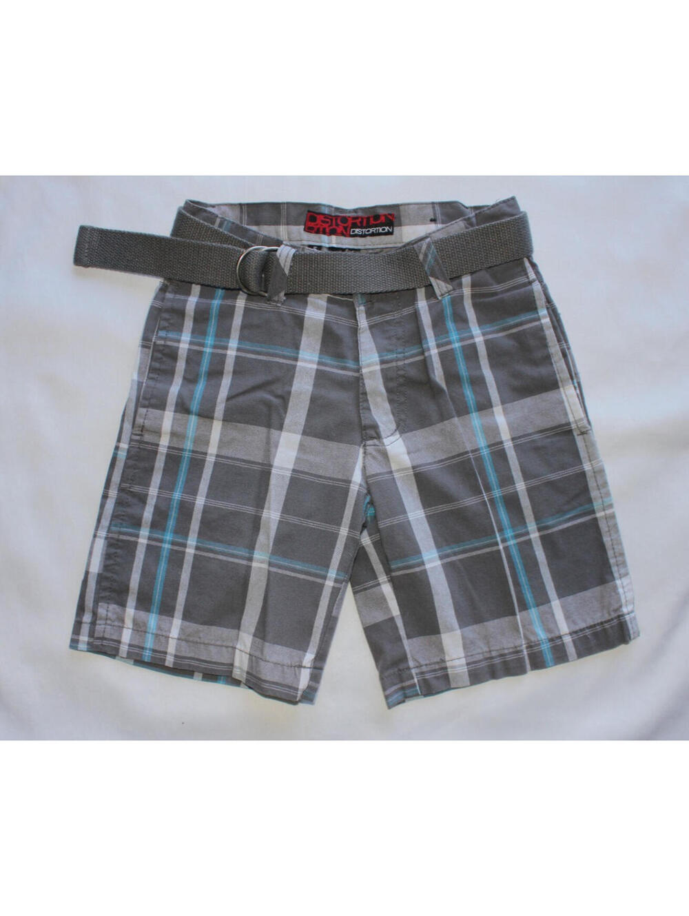 Distortion Kids Size 5 Gray Blue White Plaid Shorts With Belt 5 pockets